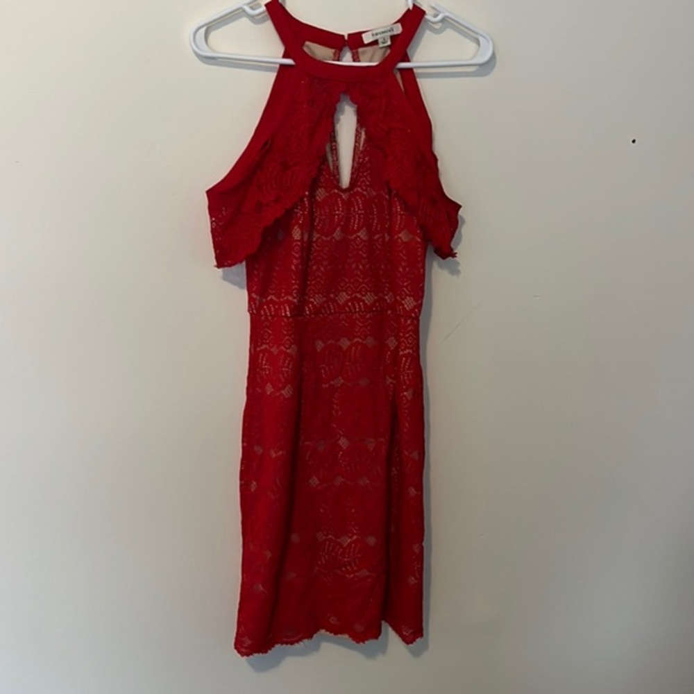 Francesca’s Red Lace Cold Shoulder Lined Bodycon Dress